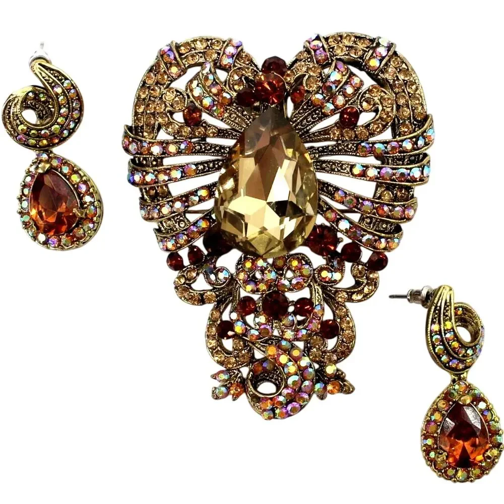 Big Spectacular Rhinestone Brooch Pendant Earring Set • AB Golden Orange 3